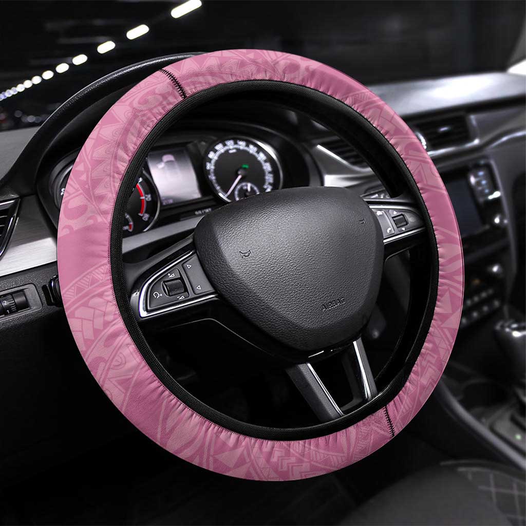 Polynesian Women's Day Steering Wheel Cover Pink Hibiscus Flowers With Polynesian Pattern LT05 Universal Fit Pink - Polynesian Pride