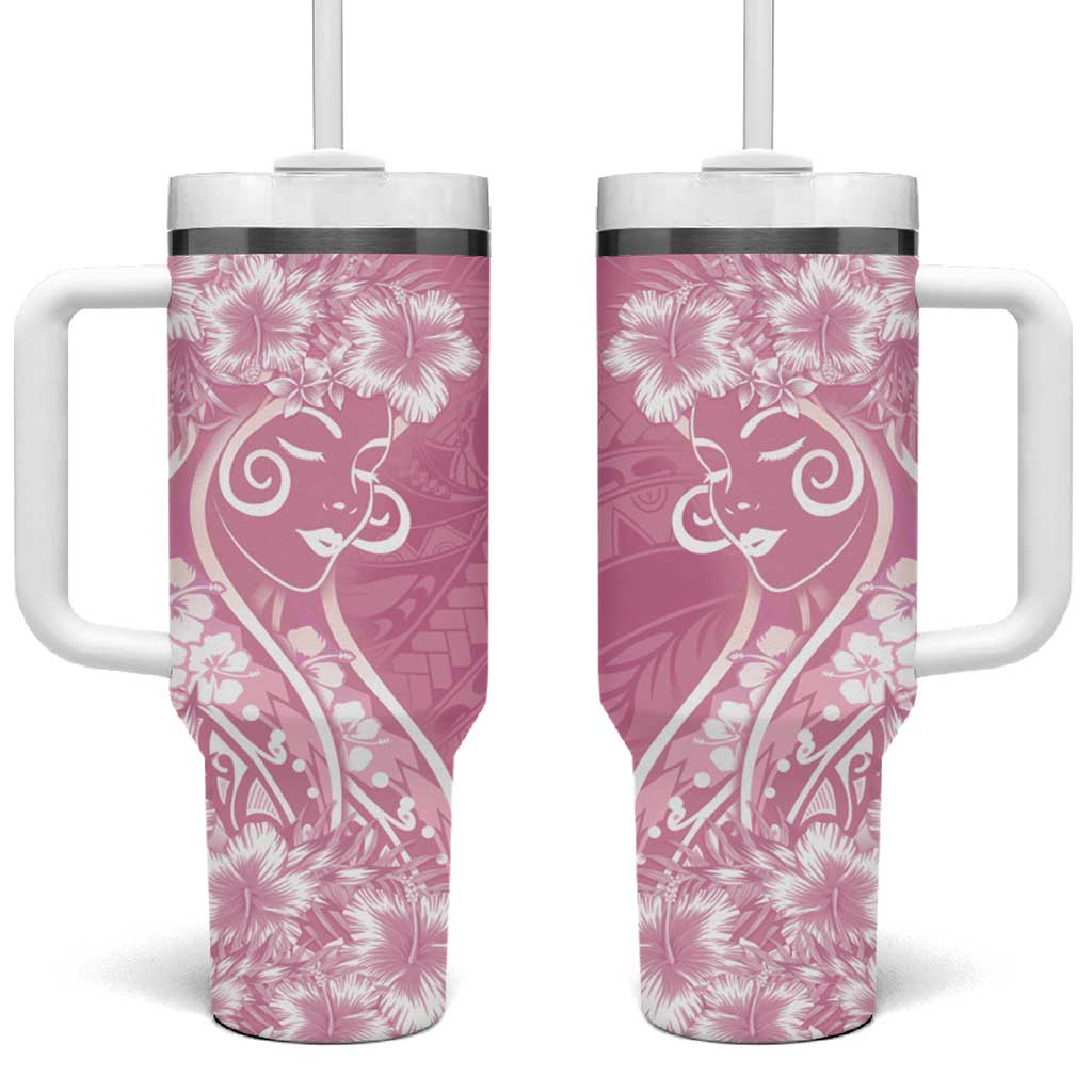 Polynesian Women's Day Tumbler With Handle Pink Hibiscus Flowers With Polynesian Pattern LT05 One Size: 40 oz Pink - Polynesian Pride