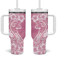 Polynesian Women's Day Tumbler With Handle Pink Hibiscus Flowers With Polynesian Pattern LT05 One Size: 40 oz Pink - Polynesian Pride