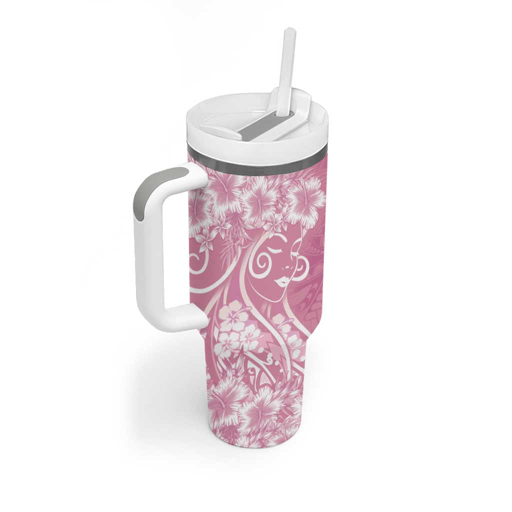 Polynesian Women's Day Tumbler With Handle Pink Hibiscus Flowers With Polynesian Pattern LT05 - Polynesian Pride