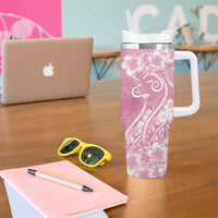 Polynesian Women's Day Tumbler With Handle Pink Hibiscus Flowers With Polynesian Pattern LT05 - Polynesian Pride