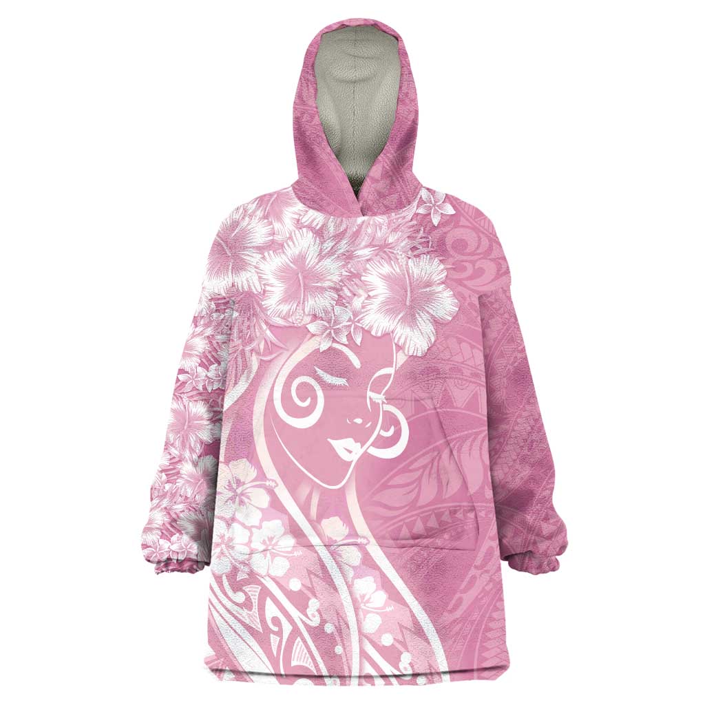 Polynesian Women's Day Wearable Blanket Hoodie Pink Hibiscus Flowers With Polynesian Pattern LT05 One Size Pink - Polynesian Pride