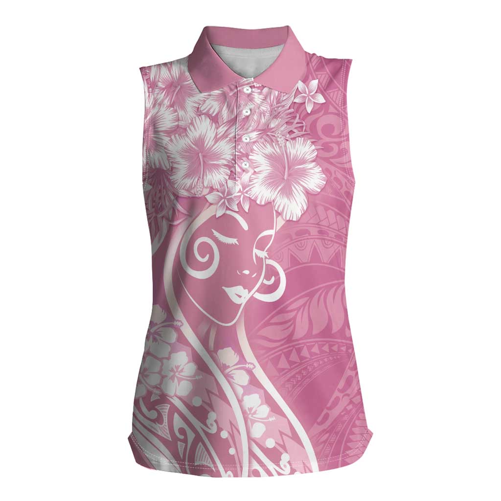 Polynesian Women's Day Women Sleeveless Polo Shirt Pink Hibiscus Flowers With Polynesian Pattern LT05 Female Pink - Polynesian Pride