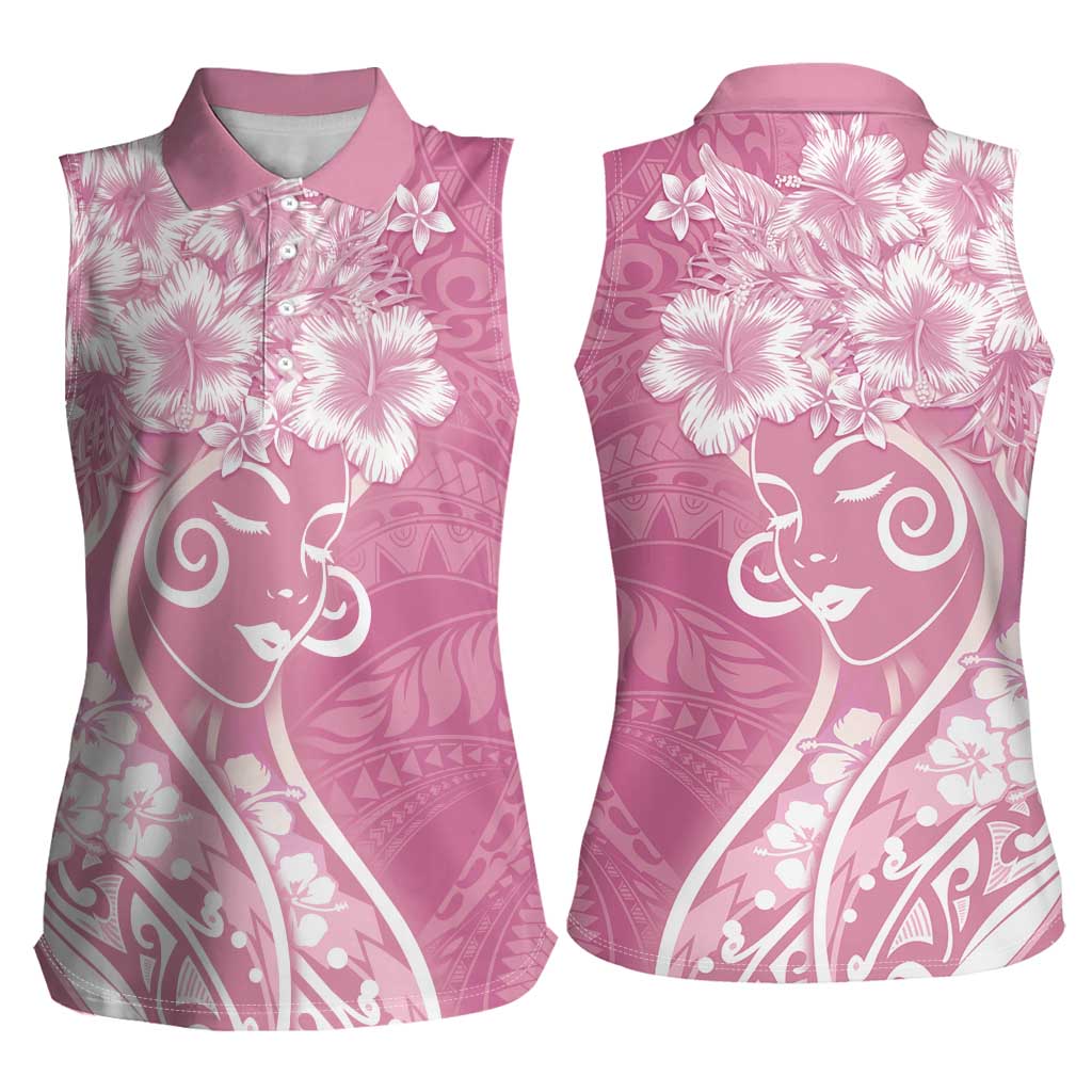 Polynesian Women's Day Women Sleeveless Polo Shirt Pink Hibiscus Flowers With Polynesian Pattern LT05 - Polynesian Pride