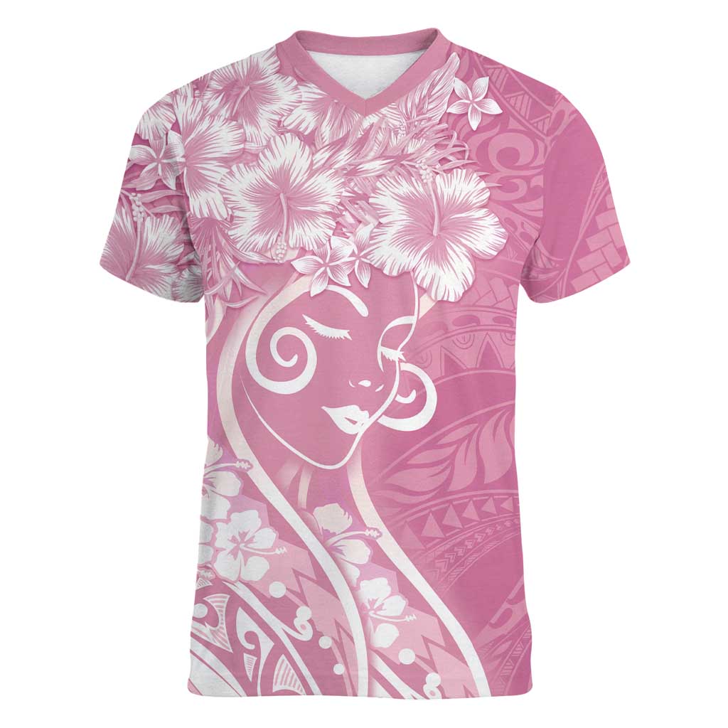 Polynesian Women's Day Women V-Neck T-Shirt Pink Hibiscus Flowers With Polynesian Pattern