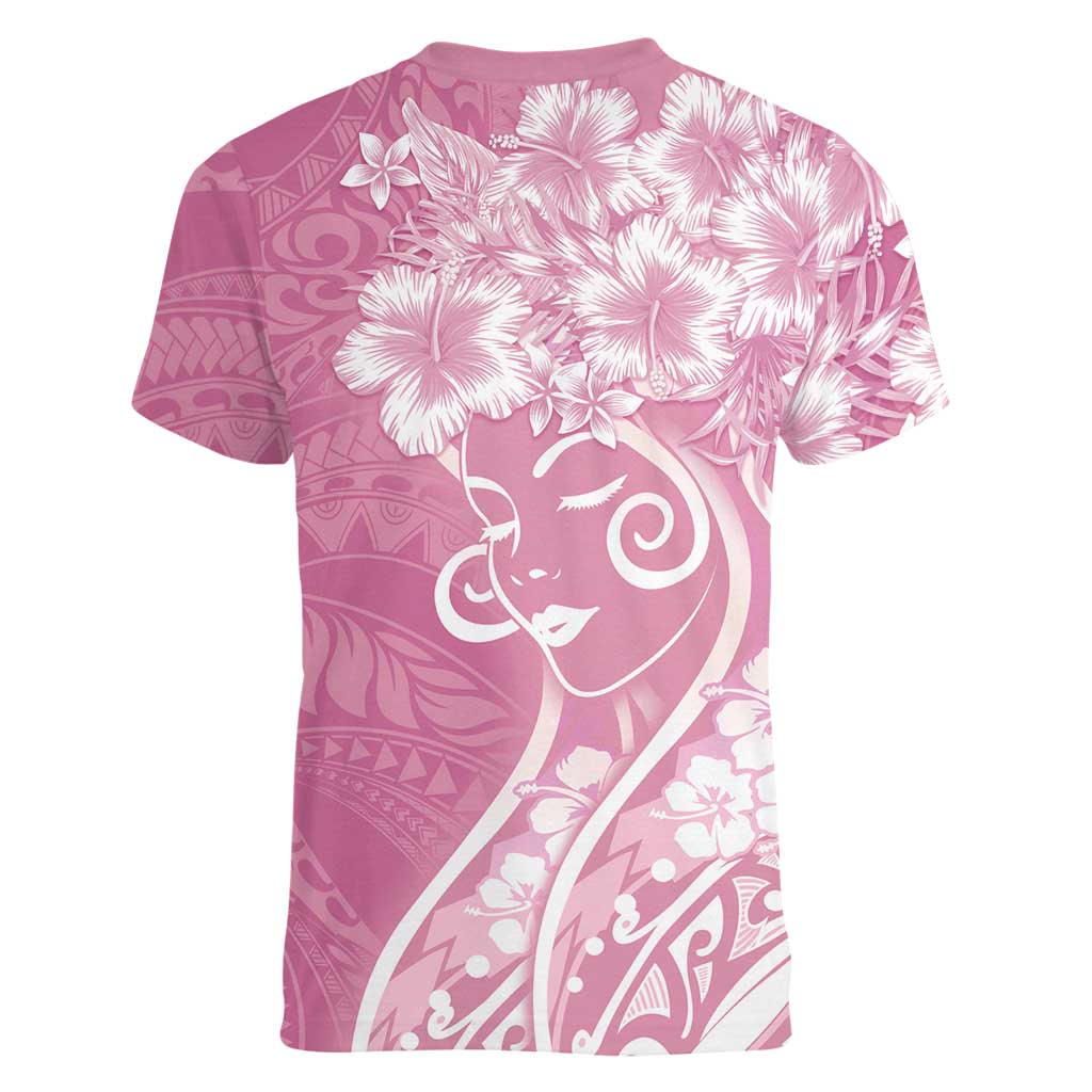 Polynesian Women's Day Women V-Neck T-Shirt Pink Hibiscus Flowers With Polynesian Pattern