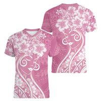 Polynesian Women's Day Women V-Neck T-Shirt Pink Hibiscus Flowers With Polynesian Pattern