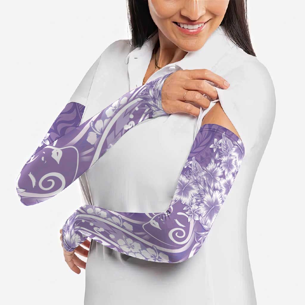 Polynesian Women's Day Arm Sleeves Purple Hibiscus Flowers With Polynesian Pattern LT05 - Polynesian Pride