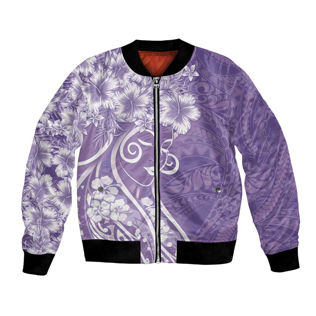 Polynesian Women's Day Bomber Jacket Purple Hibiscus Flowers With Polynesian Pattern LT05 Unisex Purple - Polynesian Pride