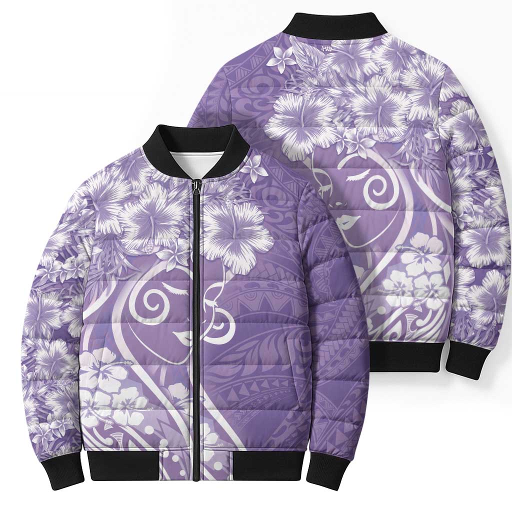 Polynesian Women's Day Bomber Puffer Jacket Purple Hibiscus Flowers With Polynesian Pattern LT05 - Polynesian Pride
