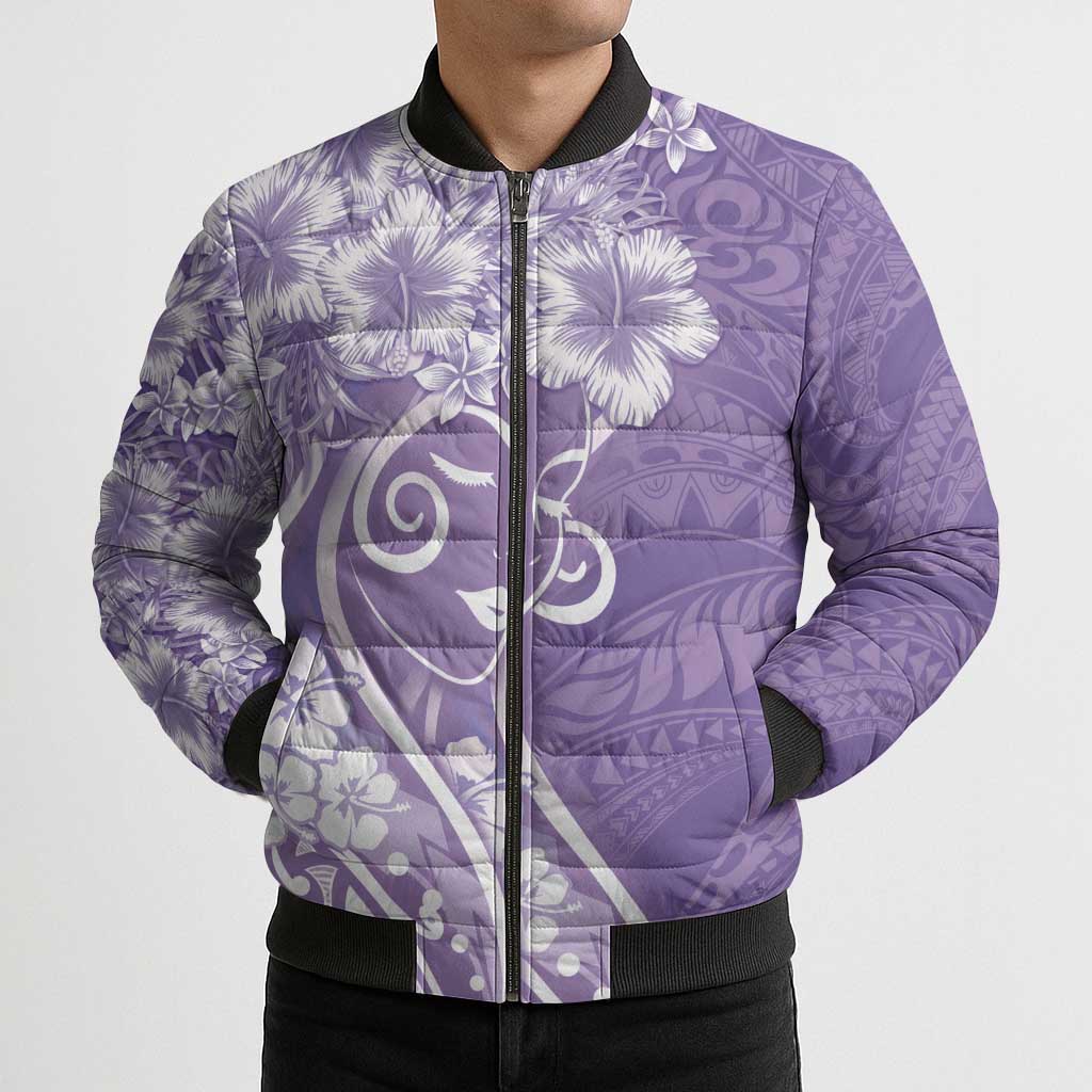 Polynesian Women's Day Bomber Puffer Jacket Purple Hibiscus Flowers With Polynesian Pattern LT05 - Polynesian Pride