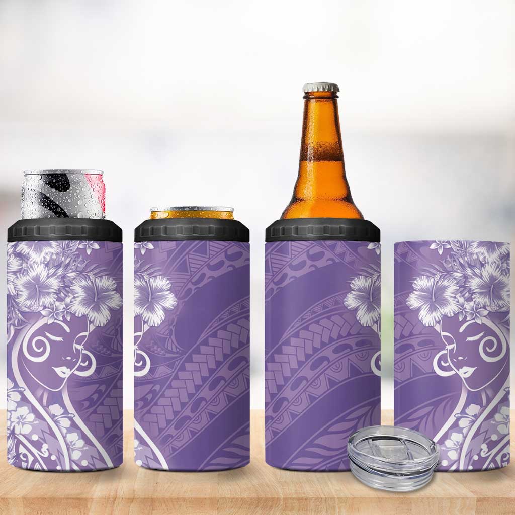 Polynesian Women's Day 4 in 1 Can Cooler Tumbler Purple Hibiscus Flowers With Polynesian Pattern LT05 - Polynesian Pride