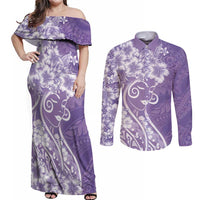 Polynesian Women's Day Couples Matching Off Shoulder Maxi Dress and Long Sleeve Button Shirt Purple Hibiscus Flowers With Polynesian Pattern LT05 Purple - Polynesian Pride