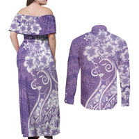 Polynesian Women's Day Couples Matching Off Shoulder Maxi Dress and Long Sleeve Button Shirt Purple Hibiscus Flowers With Polynesian Pattern LT05 - Polynesian Pride