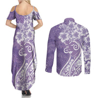 Polynesian Women's Day Couples Matching Summer Maxi Dress and Long Sleeve Button Shirt Purple Hibiscus Flowers With Polynesian Pattern