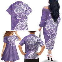 Polynesian Women's Day Family Matching Off The Shoulder Long Sleeve Dress and Hawaiian Shirt Purple Hibiscus Flowers With Polynesian Pattern