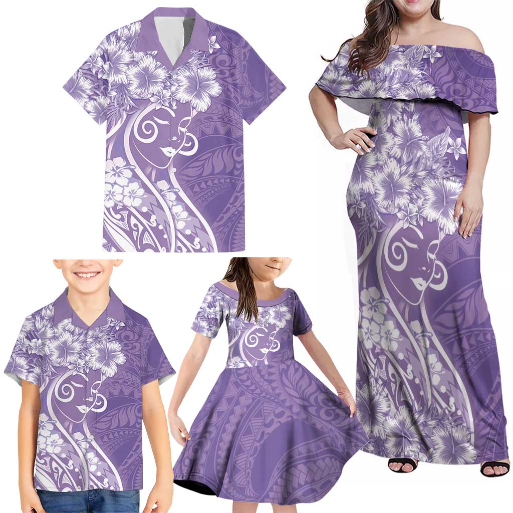 Polynesian Women's Day Family Matching Off Shoulder Maxi Dress and Hawaiian Shirt Purple Hibiscus Flowers With Polynesian Pattern LT05 - Polynesian Pride