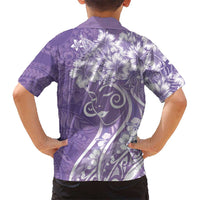 Polynesian Women's Day Family Matching Off Shoulder Short Dress and Hawaiian Shirt Purple Hibiscus Flowers With Polynesian Pattern