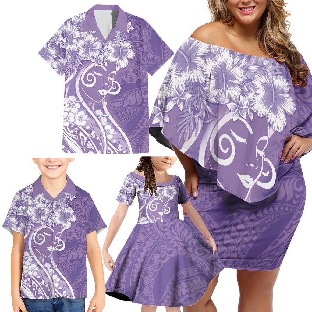 Polynesian Women's Day Family Matching Off Shoulder Short Dress and Hawaiian Shirt Purple Hibiscus Flowers With Polynesian Pattern LT05 - Polynesian Pride