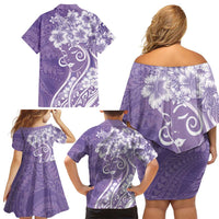 Polynesian Women's Day Family Matching Off Shoulder Short Dress and Hawaiian Shirt Purple Hibiscus Flowers With Polynesian Pattern