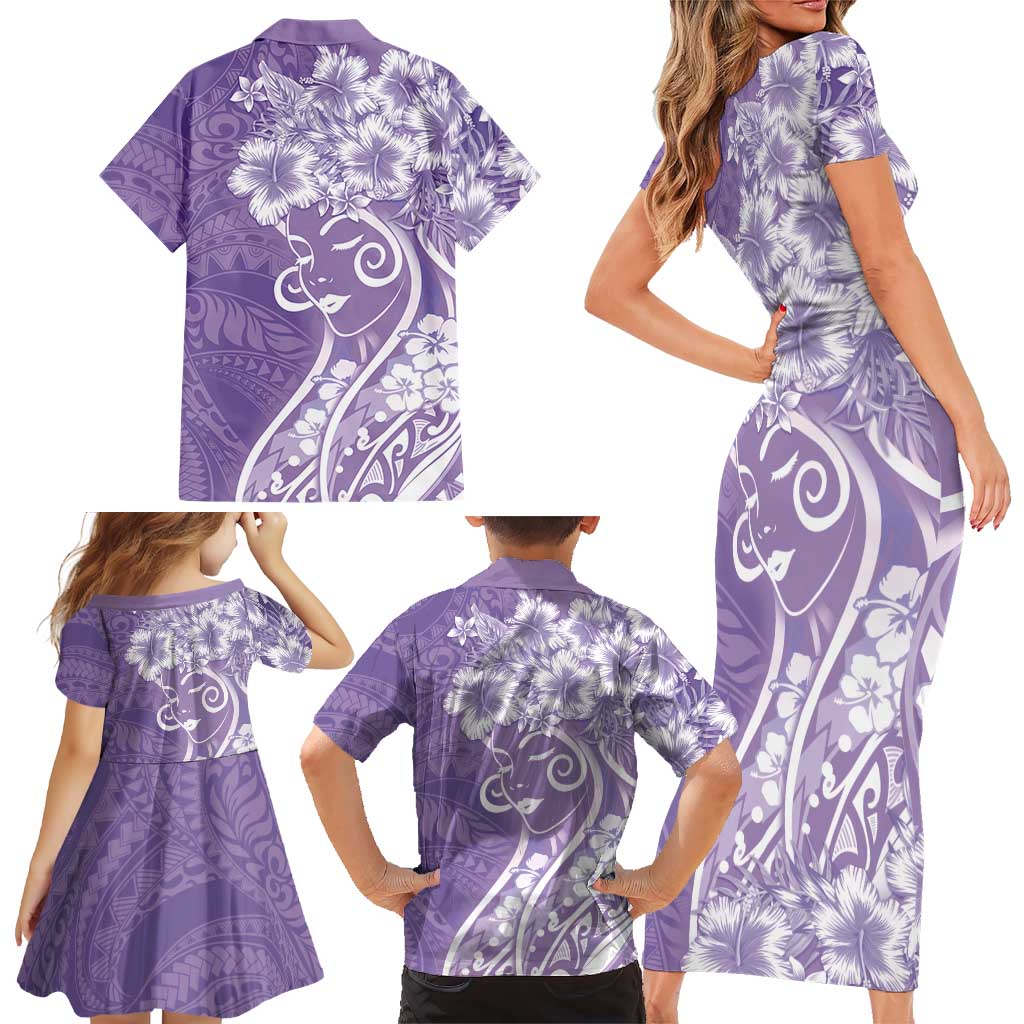 Polynesian Women's Day Family Matching Short Sleeve Bodycon Dress and Hawaiian Shirt Purple Hibiscus Flowers With Polynesian Pattern