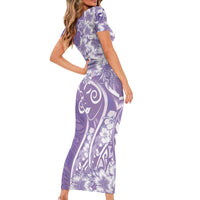 Polynesian Women's Day Family Matching Short Sleeve Bodycon Dress and Hawaiian Shirt Purple Hibiscus Flowers With Polynesian Pattern
