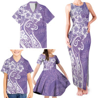 Polynesian Women's Day Family Matching Tank Maxi Dress and Hawaiian Shirt Purple Hibiscus Flowers With Polynesian Pattern