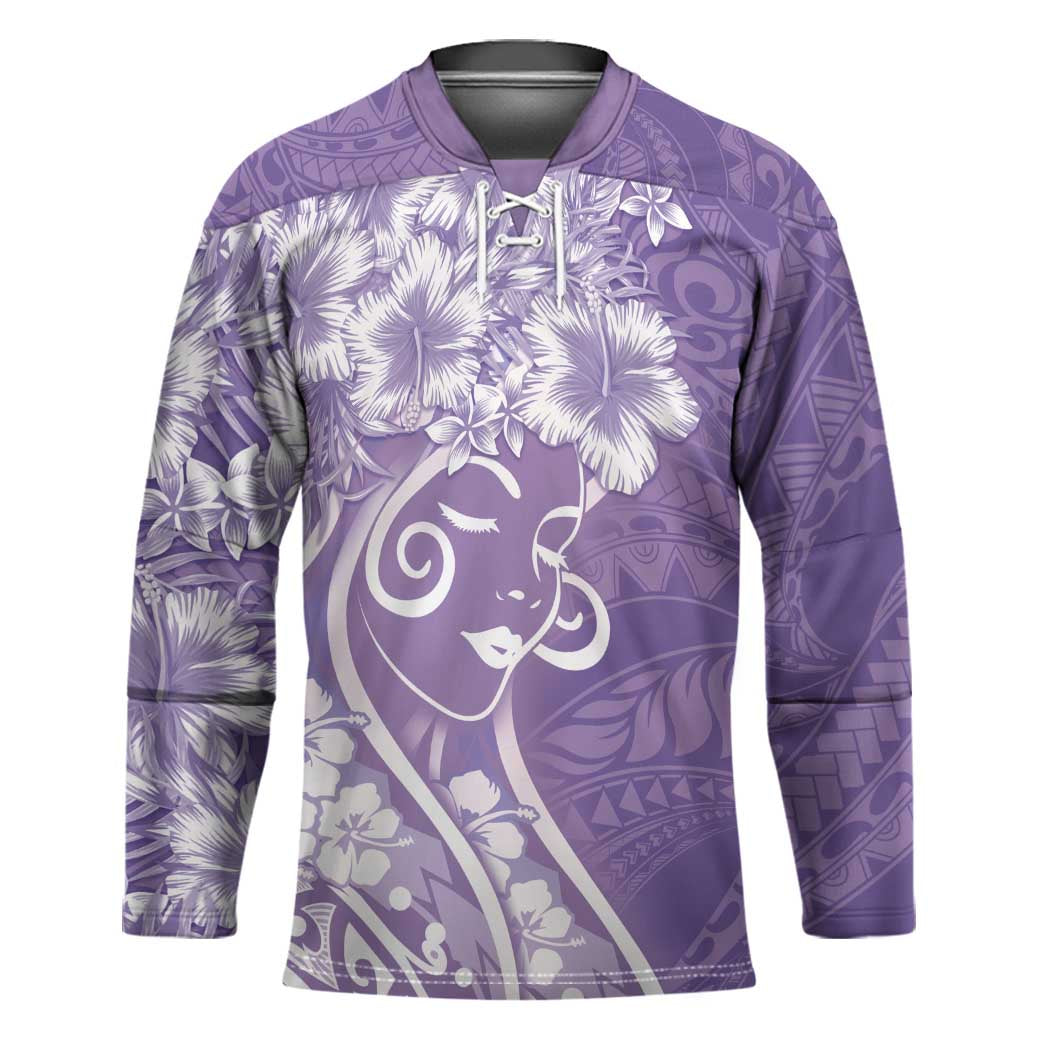 Polynesian Women's Day Hockey Jersey Purple Hibiscus Flowers With Polynesian Pattern