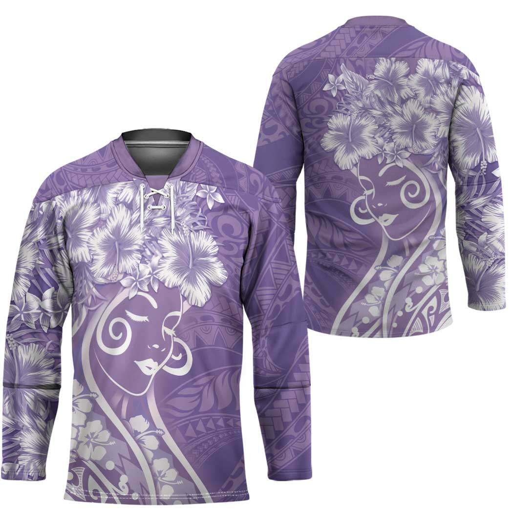 Polynesian Women's Day Hockey Jersey Purple Hibiscus Flowers With Polynesian Pattern