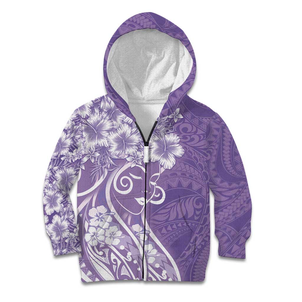 Polynesian Women's Day Kid Hoodie Purple Hibiscus Flowers With Polynesian Pattern LT05 Zip Hoodie Purple - Polynesian Pride