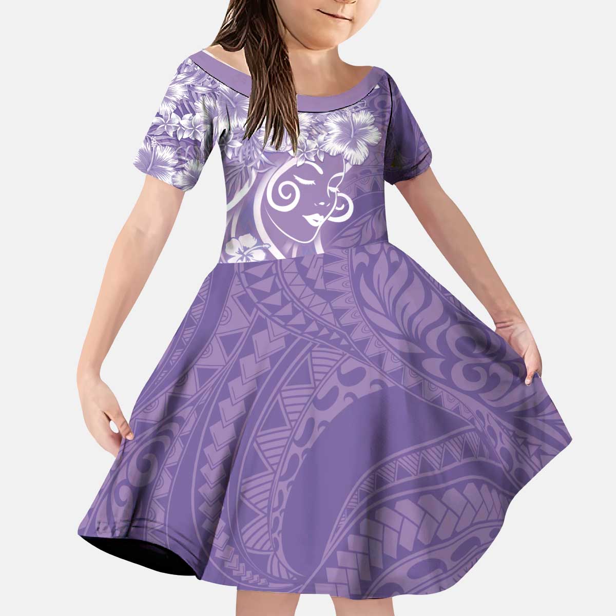 Polynesian Women's Day Kid Short Sleeve Dress Purple Hibiscus Flowers With Polynesian Pattern LT05 KID Purple - Polynesian Pride