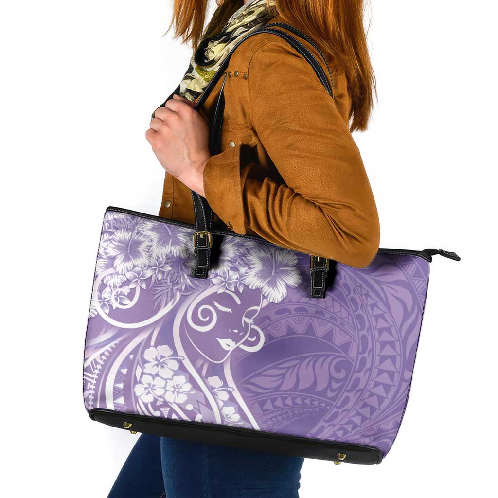 Polynesian Women's Day Leather Tote Bag Purple Hibiscus Flowers With Polynesian Pattern LT05 Purple - Polynesian Pride
