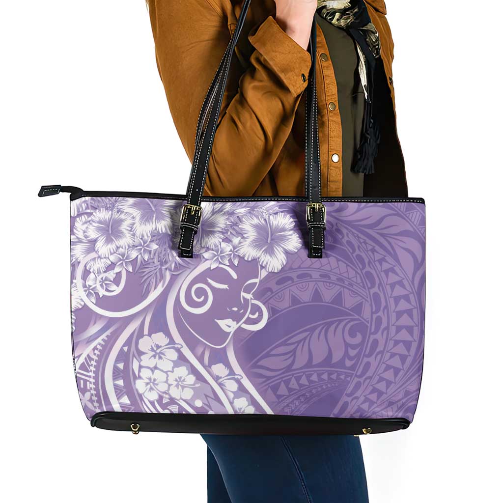 Polynesian Women's Day Leather Tote Bag Purple Hibiscus Flowers With Polynesian Pattern LT05 - Polynesian Pride
