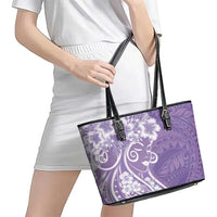 Polynesian Women's Day Leather Tote Bag Purple Hibiscus Flowers With Polynesian Pattern LT05 - Polynesian Pride