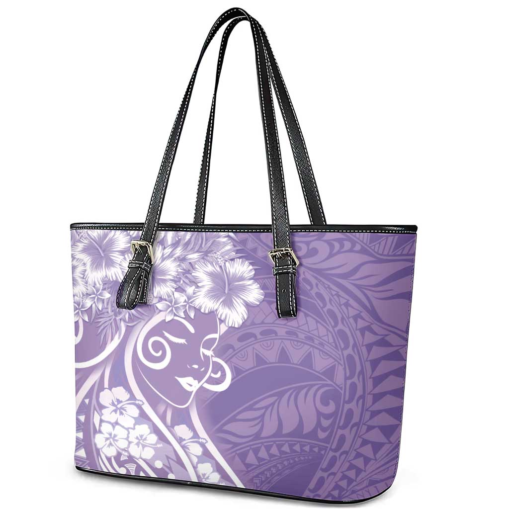 Polynesian Women's Day Leather Tote Bag Purple Hibiscus Flowers With Polynesian Pattern LT05 - Polynesian Pride