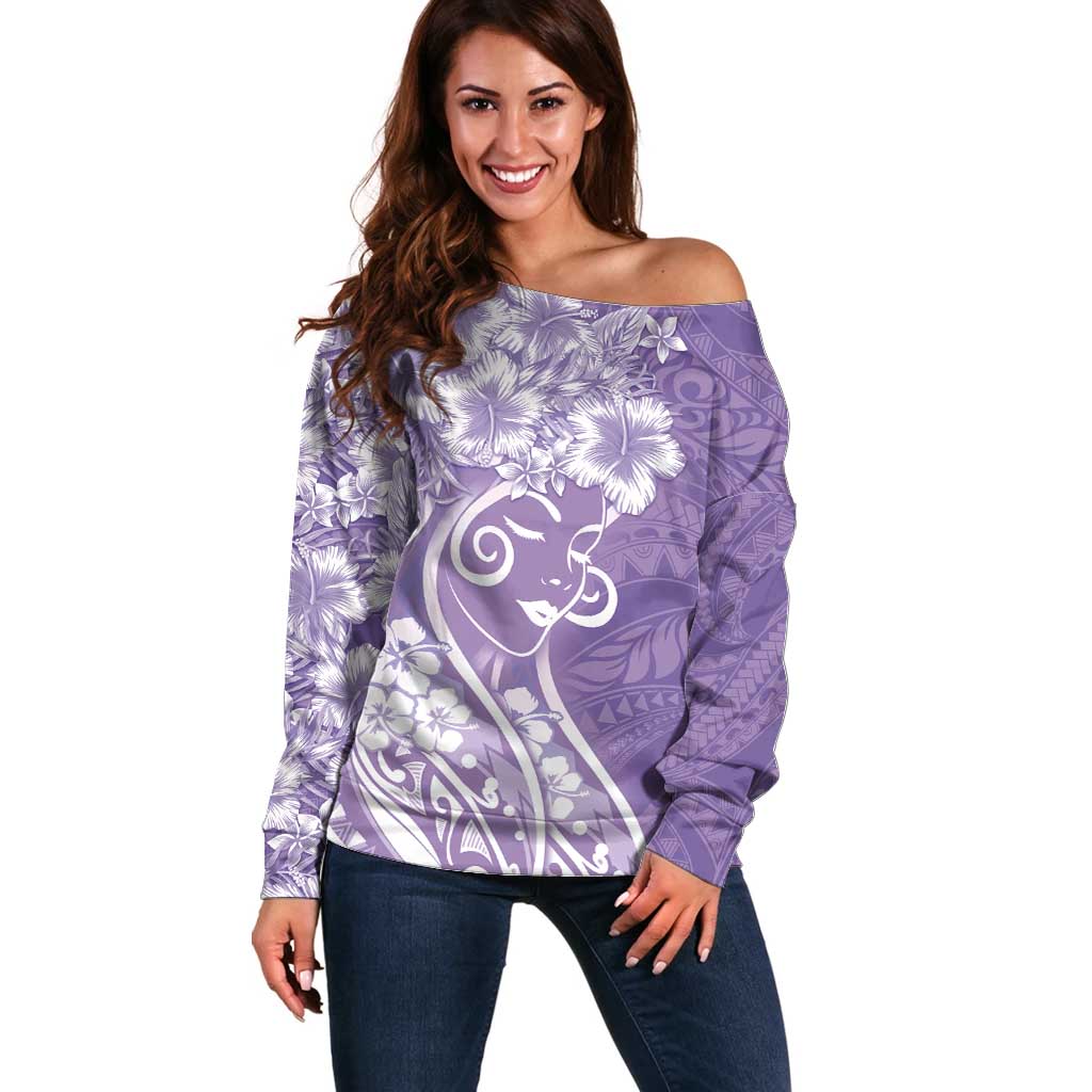 Polynesian Women's Day Off Shoulder Sweater Purple Hibiscus Flowers With Polynesian Pattern LT05 Women Purple - Polynesian Pride