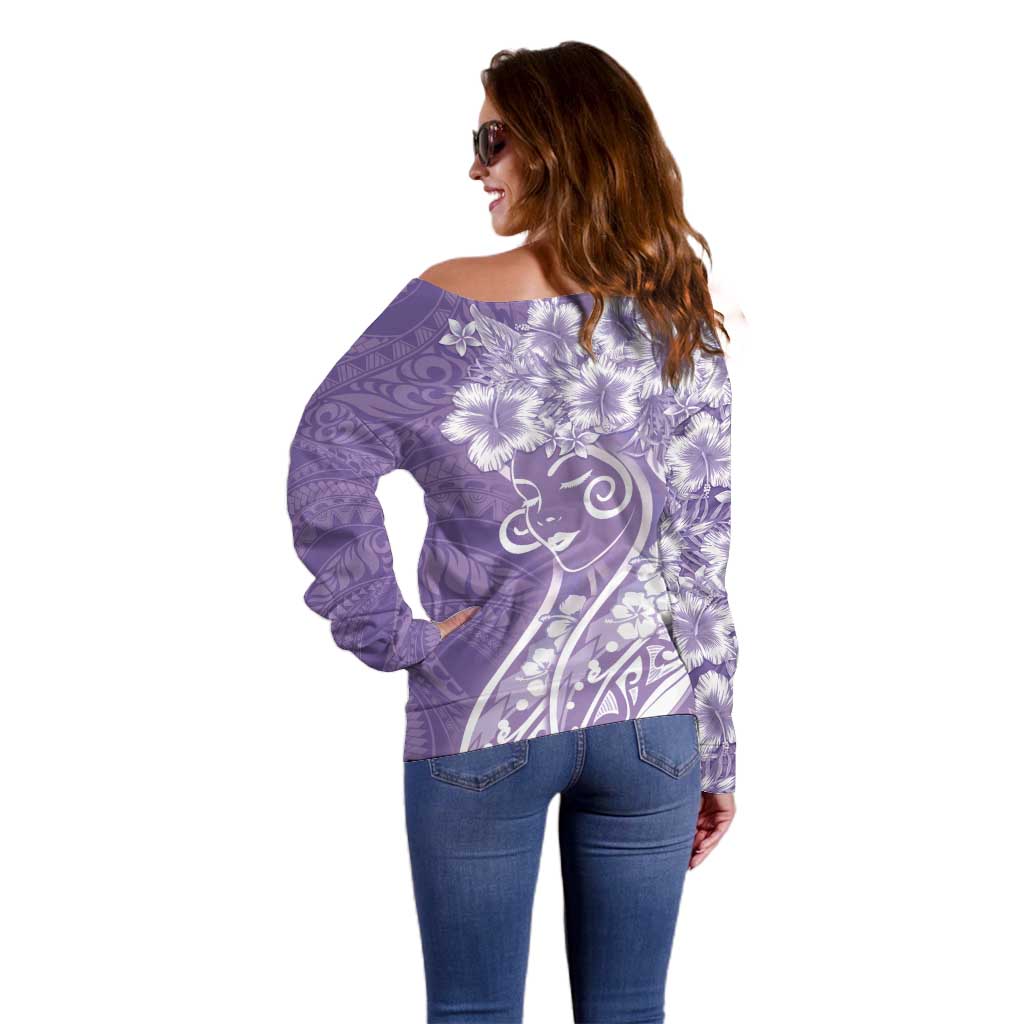 Polynesian Women's Day Off Shoulder Sweater Purple Hibiscus Flowers With Polynesian Pattern LT05 - Polynesian Pride