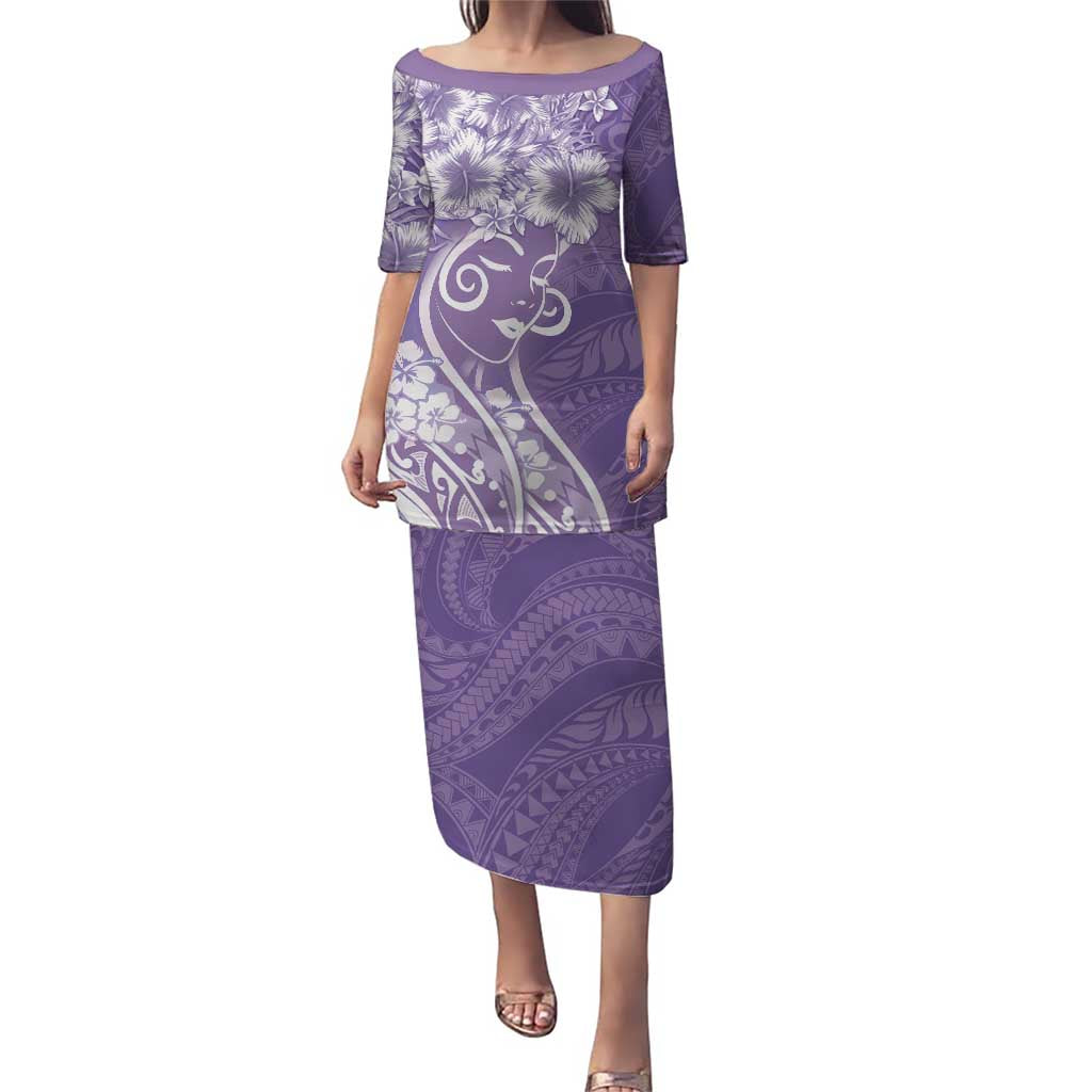 Polynesian Women's Day Puletasi Purple Hibiscus Flowers With Polynesian Pattern