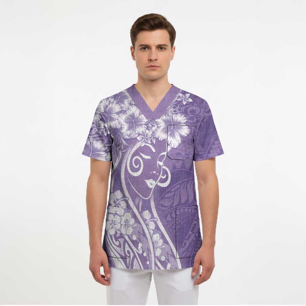 Polynesian Women's Day Scrub Top Purple Hibiscus Flowers With Polynesian Pattern LT05 - Polynesian Pride