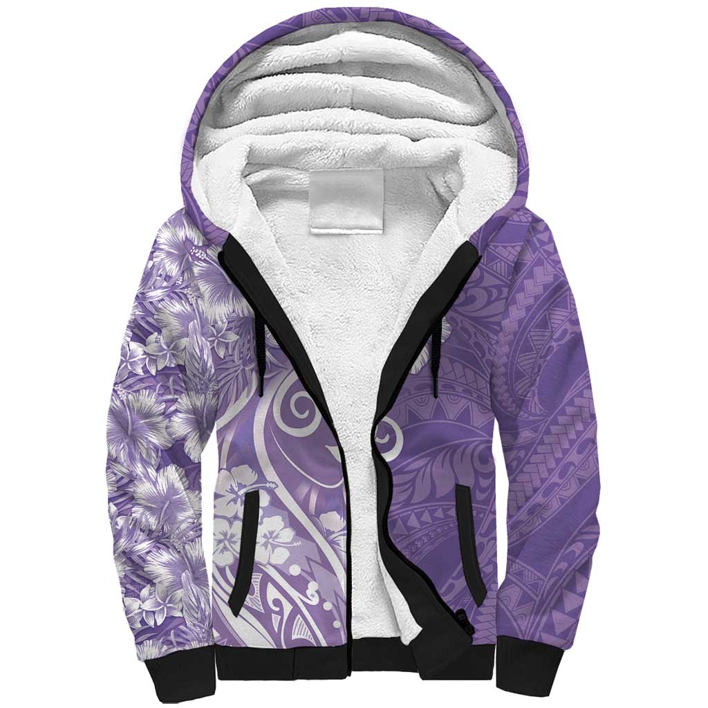 Polynesian Women's Day Sherpa Hoodie Purple Hibiscus Flowers With Polynesian Pattern LT05 Unisex Purple - Polynesian Pride