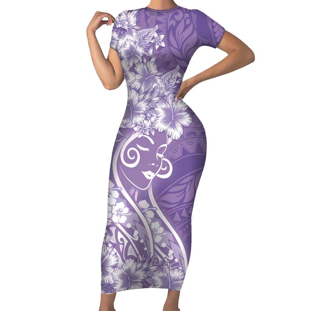 Polynesian Women's Day Short Sleeve Bodycon Dress Purple Hibiscus Flowers With Polynesian Pattern LT05 Long Dress Purple - Polynesian Pride