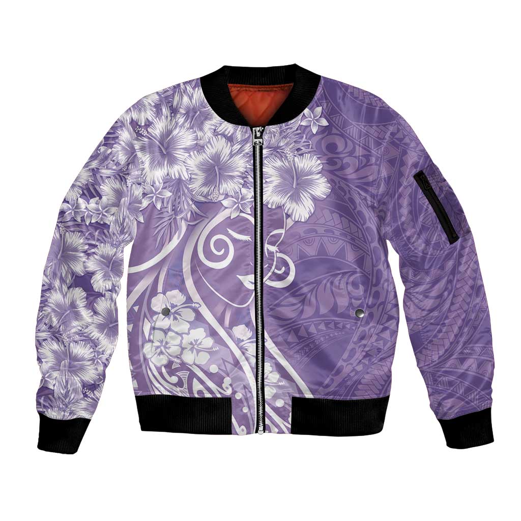 Polynesian Women's Day Sleeve Zip Bomber Jacket Purple Hibiscus Flowers With Polynesian Pattern LT05 Unisex Purple - Polynesian Pride