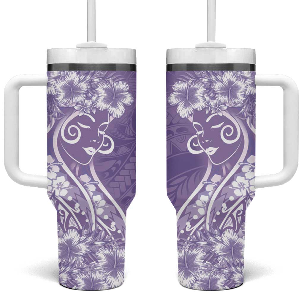 Polynesian Women's Day Tumbler With Handle Purple Hibiscus Flowers With Polynesian Pattern LT05 One Size: 40 oz Purple - Polynesian Pride