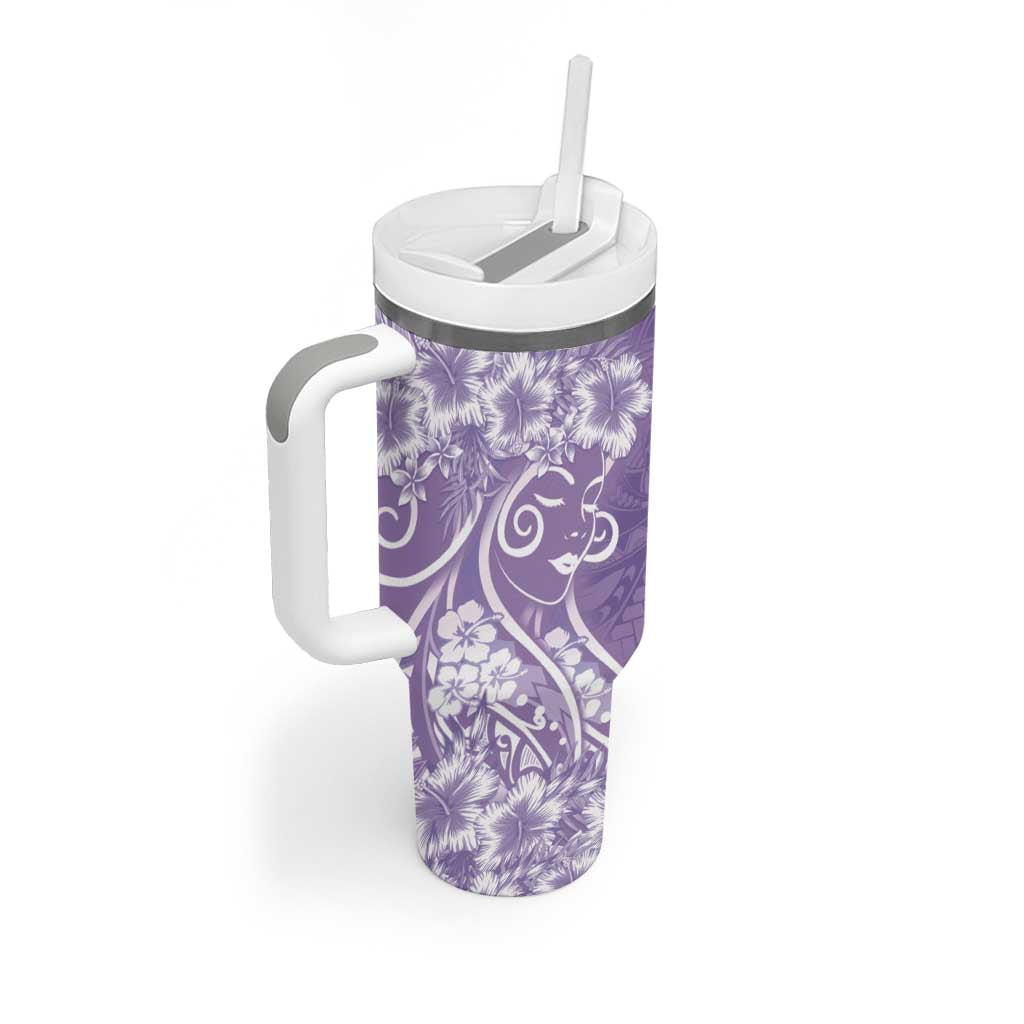 Polynesian Women's Day Tumbler With Handle Purple Hibiscus Flowers With Polynesian Pattern LT05 - Polynesian Pride