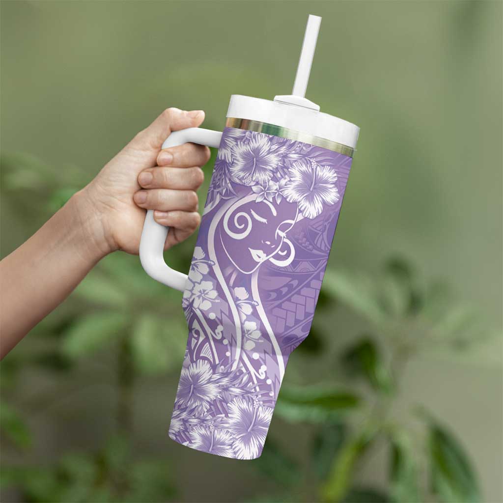 Polynesian Women's Day Tumbler With Handle Purple Hibiscus Flowers With Polynesian Pattern LT05 - Polynesian Pride