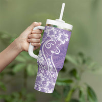 Polynesian Women's Day Tumbler With Handle Purple Hibiscus Flowers With Polynesian Pattern LT05 - Polynesian Pride