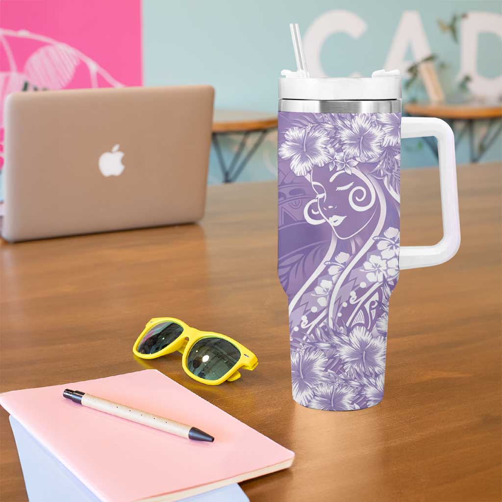 Polynesian Women's Day Tumbler With Handle Purple Hibiscus Flowers With Polynesian Pattern LT05 - Polynesian Pride