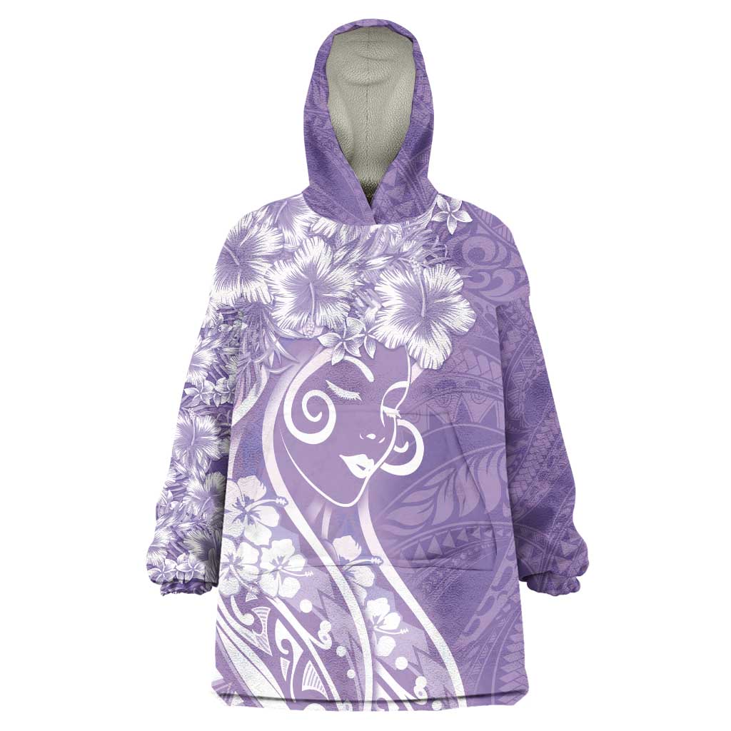 Polynesian Women's Day Wearable Blanket Hoodie Purple Hibiscus Flowers With Polynesian Pattern LT05 One Size Purple - Polynesian Pride