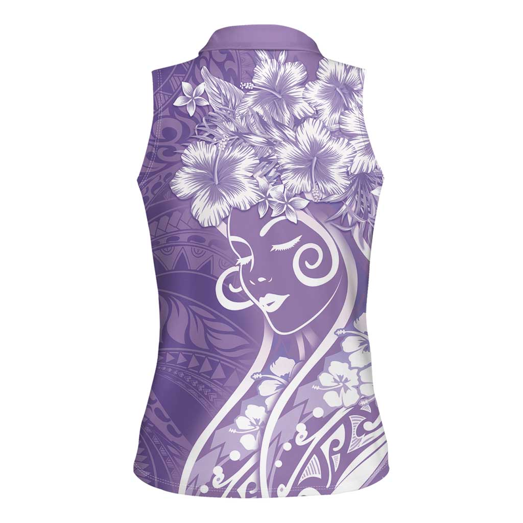 Polynesian Women's Day Women Sleeveless Polo Shirt Purple Hibiscus Flowers With Polynesian Pattern
