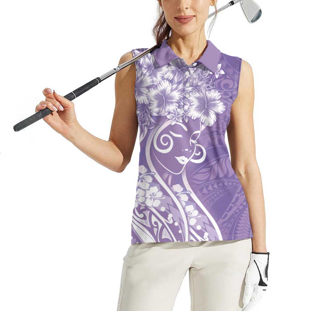 Polynesian Women's Day Women Sleeveless Polo Shirt Purple Hibiscus Flowers With Polynesian Pattern